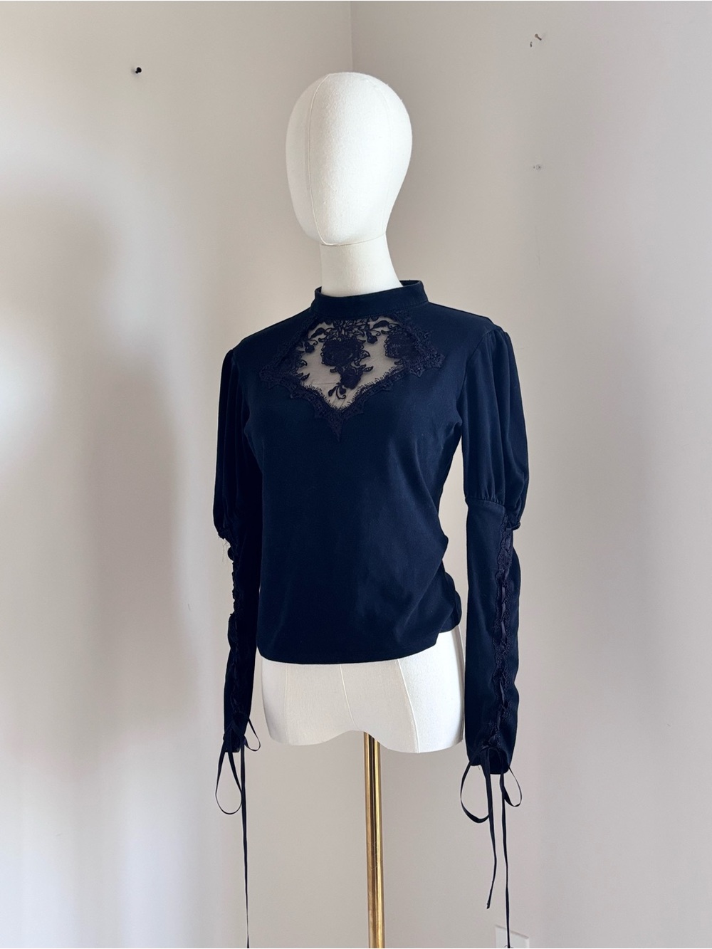 Dark in Love Black Victorian Gothic Mock Neck Lace Embroidery Puff Sleeve Top XL